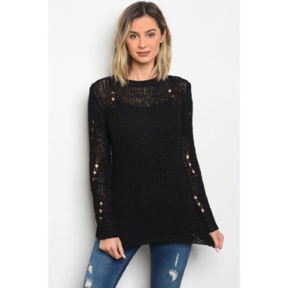 Honey Punch Sweaters - Black crocheted distressed black sweater